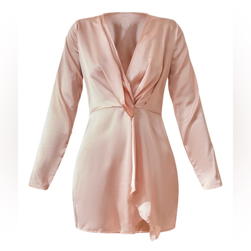 Nude Satin Long Sleeve Wrap Dress